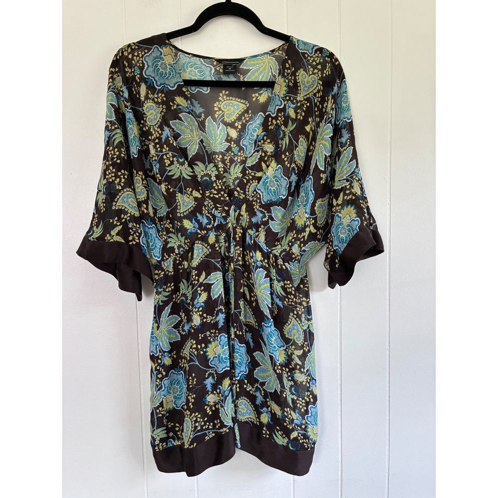 Moda International 100% Silk Paisley Floral Tunic Top Brown Blue Medium sheer